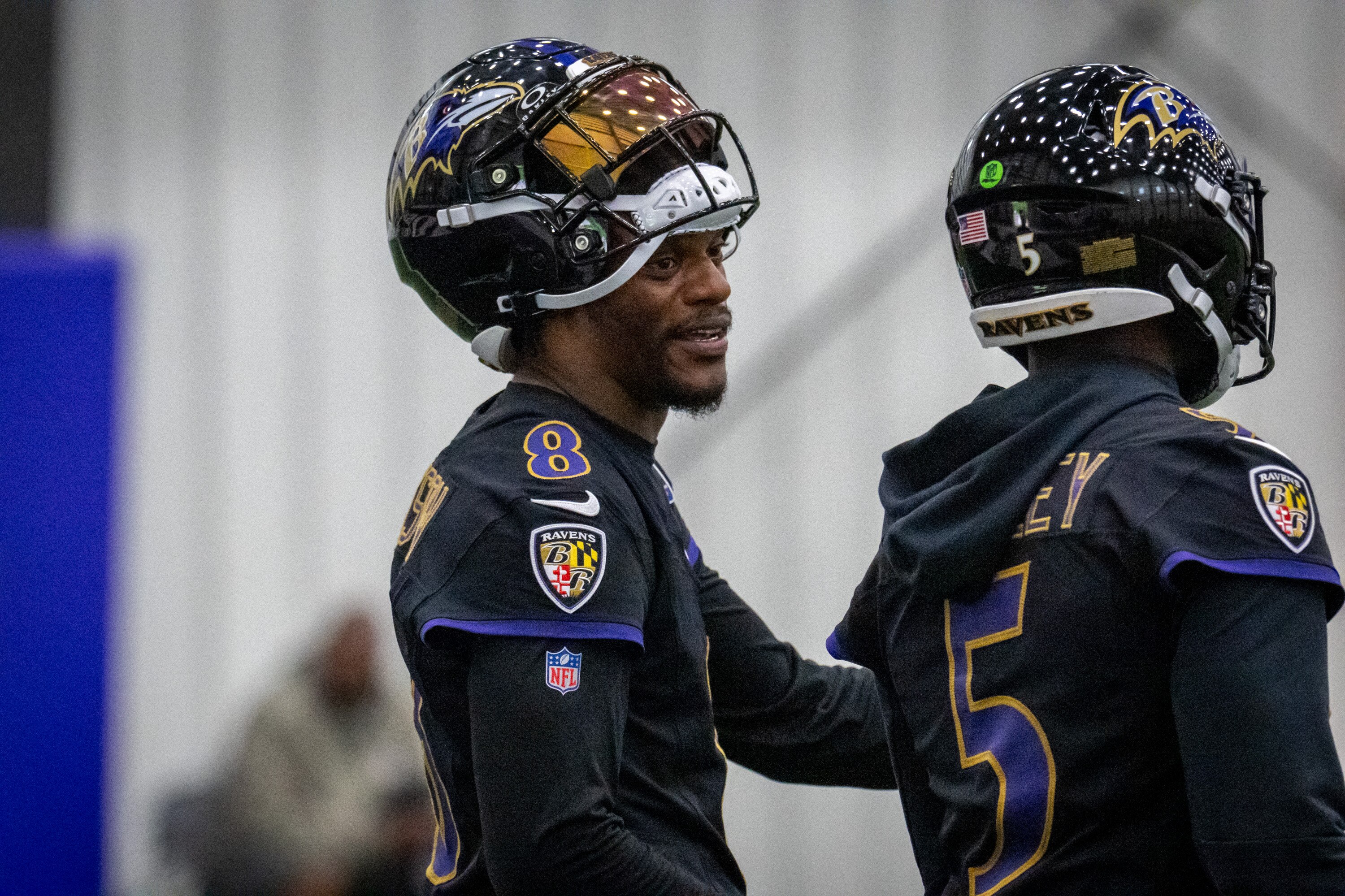 Baltimore Ravens quarterback Lamar Jackson runs through drills during the Ravens’ second OTA.