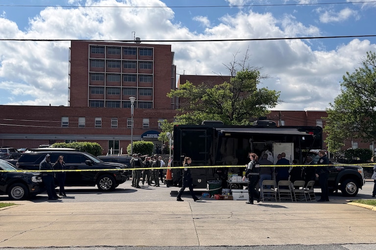 Thursday, May 14, 2026 - Baltimore Police and forensics at the scene of a police shooting near the intersection of Wilkens and South Caton avenues on Thursday.