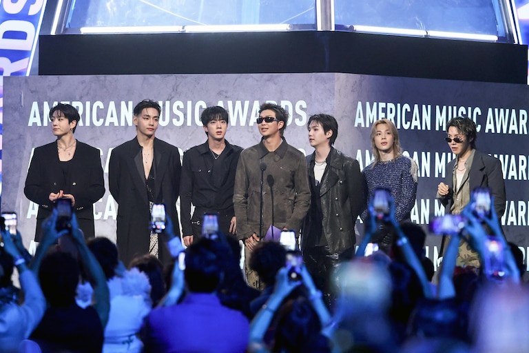 LAS VEGAS, NEVADA - MAY 25: (EDITORIAL USE ONLY) (L-R) Jungkook, V, Jin, RM, Suga, Jimin and J-Hope of BTS speak onstage performs onstage during the 52nd American Music Awards at MGM Grand Garden Arena on May 25, 2026 in Las Vegas, Nevada. (Photo by Ethan Miller/Getty Images)