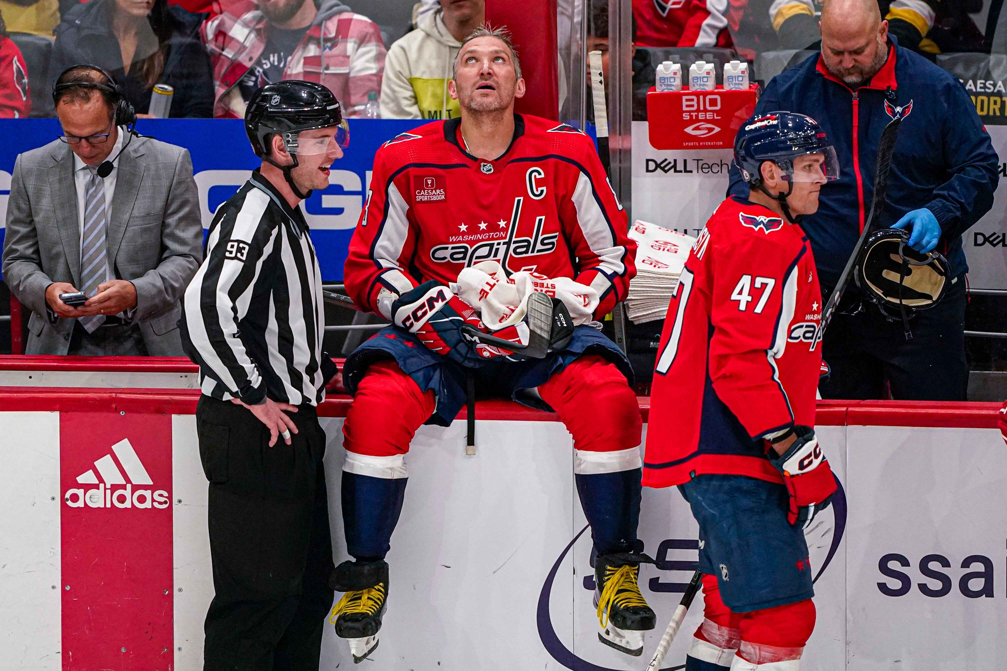 Capitals winger Alex Ovechkin sits on the boards during a timeout in the third period of Washington's 4-0 loss to the Penguins.