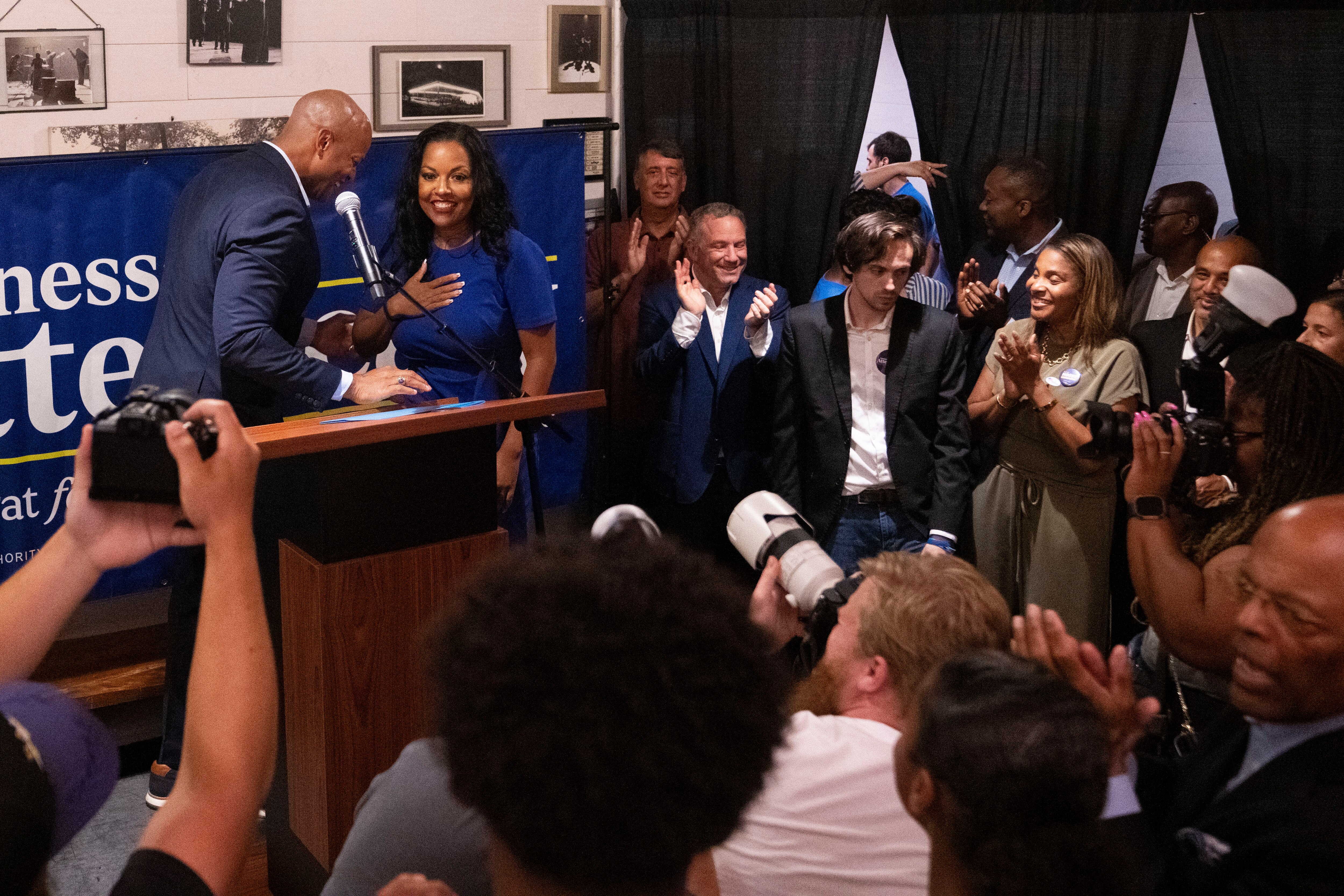 Gov. Wes Moore hugs Vanessa Atterbeary as she comes on stage to speak to her supporters during her election night watch party at Merriweather Post Pavilion, in Columbia, MD, Tuesday, June 23, 2026.