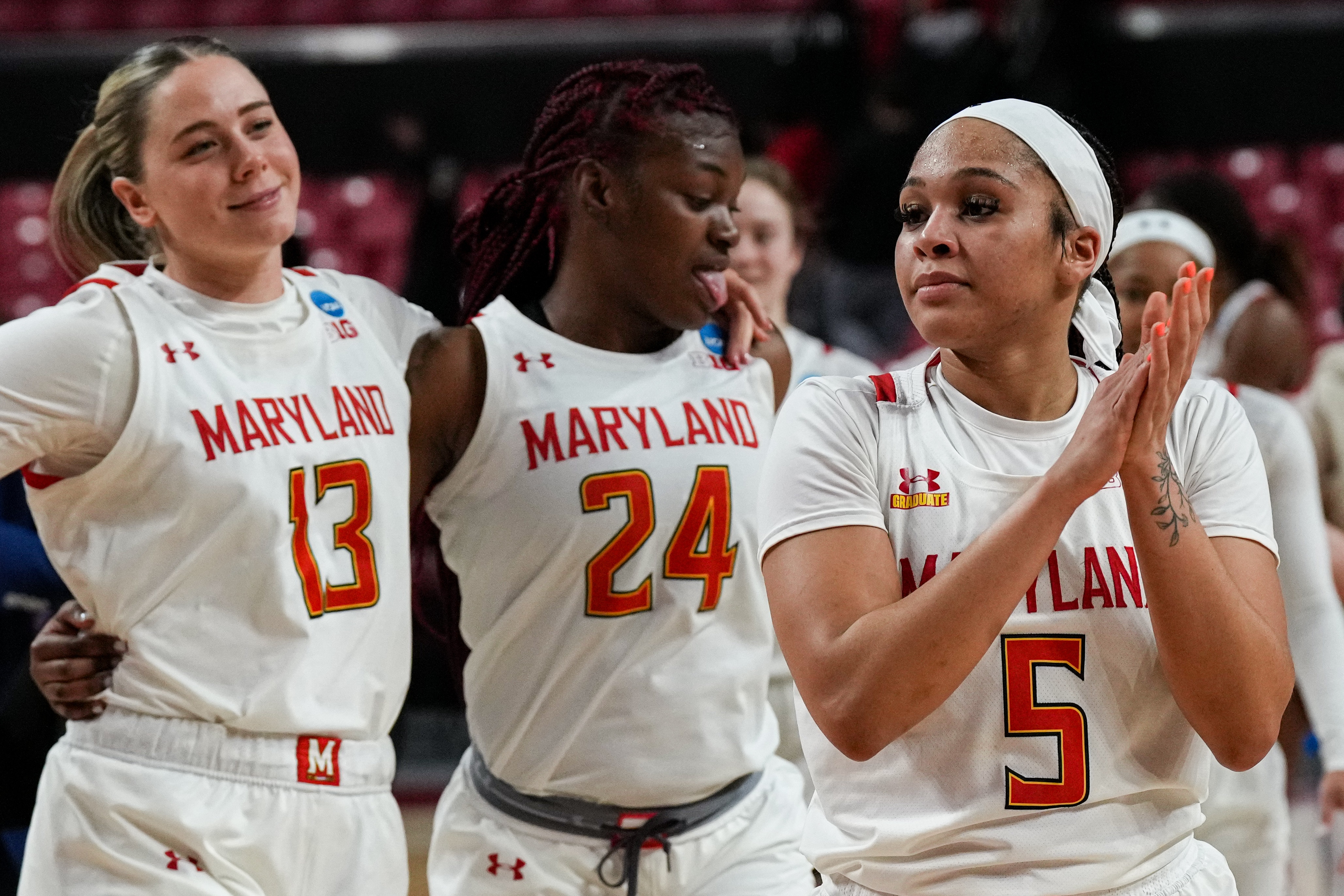 Bri McDaniel (centered), pictured during the NCAA tournament, was one of three Maryland players with 16 points against Ohio State.