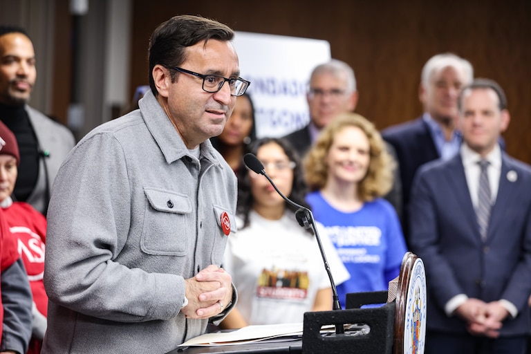 CASA incoming executive director George Escobar speaks during a press conference to introduce a new county bill, the Montgomery County Trust Act, that councilmembers say will protect the community against ICE. The press conference was held with the immigrant advocacy group CASA in Rockville, MD.