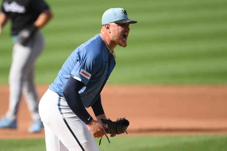 Washington Nationals pitcher Cade Cavalli reacts after the top of the second inning of a baseball game against the Miami Marlins, Saturday, Aug. 29, 2026, in Washington. (AP Photo/Nick Wass)