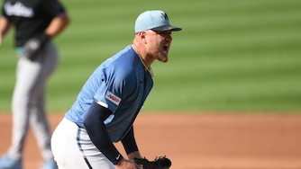 Washington Nationals pitcher Cade Cavalli reacts after the top of the second inning of a baseball game against the Miami Marlins, Saturday, Aug. 29, 2026, in Washington. (AP Photo/Nick Wass)