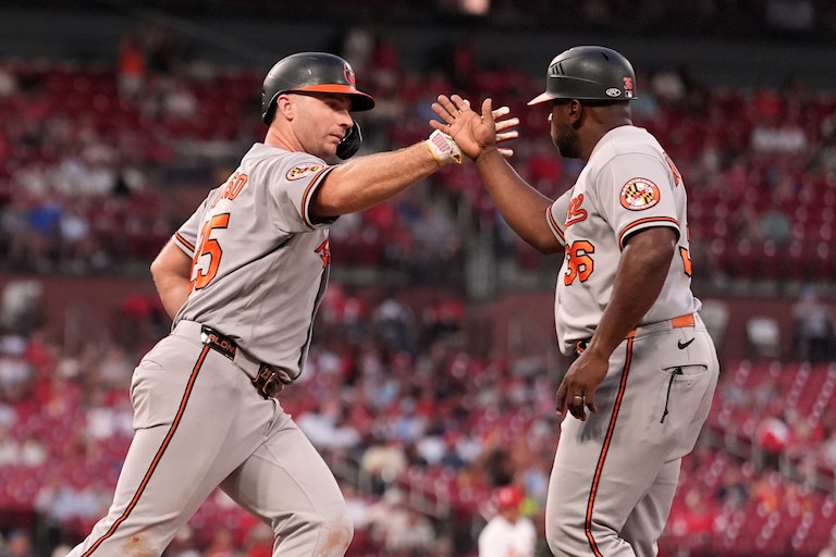 Baltimore Orioles' Pete Alonso, left, is congratulated by first base coach Jason Bourgeois after hitting a three-run home run during the third inning against the St. Louis Cardinals on Tuesday.