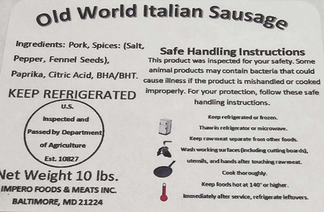 The recalled products are 10-pound cases of “Old World Italian Sausage,” one with “rope” written on it and the other with “link” written on it.