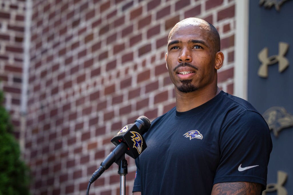 Chuck Clark #36 of the Baltimore Ravens speaks to the media after training camp at Under Armour Performance Center Baltimore Ravens on July 28, 2021 in Owings Mills, Maryland.