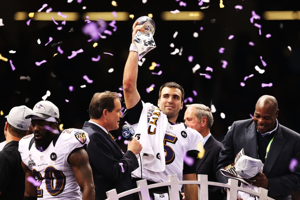 NEW ORLEANS, LA - FEBRUARY 03: Super Bowl MVP Joe Flacco #5 of the Baltimore Ravens celebrates with the Vince Lombardi trophy after the Ravens won 34-31 against the San Francisco 49ers during Super Bowl XLVII at the Mercedes-Benz Superdome on February 3, 2013 in New Orleans, Louisiana.