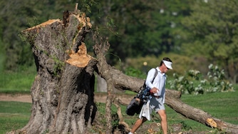 A golfer walks past the stump of a large tree at the East Potomac Golf Links, Monday, Oct. 12, 2026, in Washington.