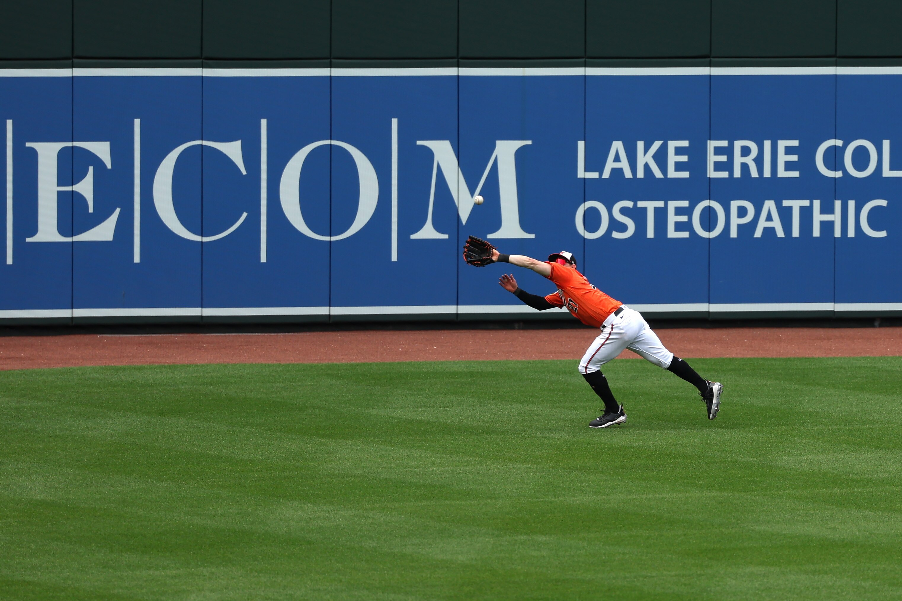 Orioles left fielder Austin Hays catches a ball hit by Byron Buxton of the Twins during the third inning Saturday at Camden Yards. Minnesota won 1-0.