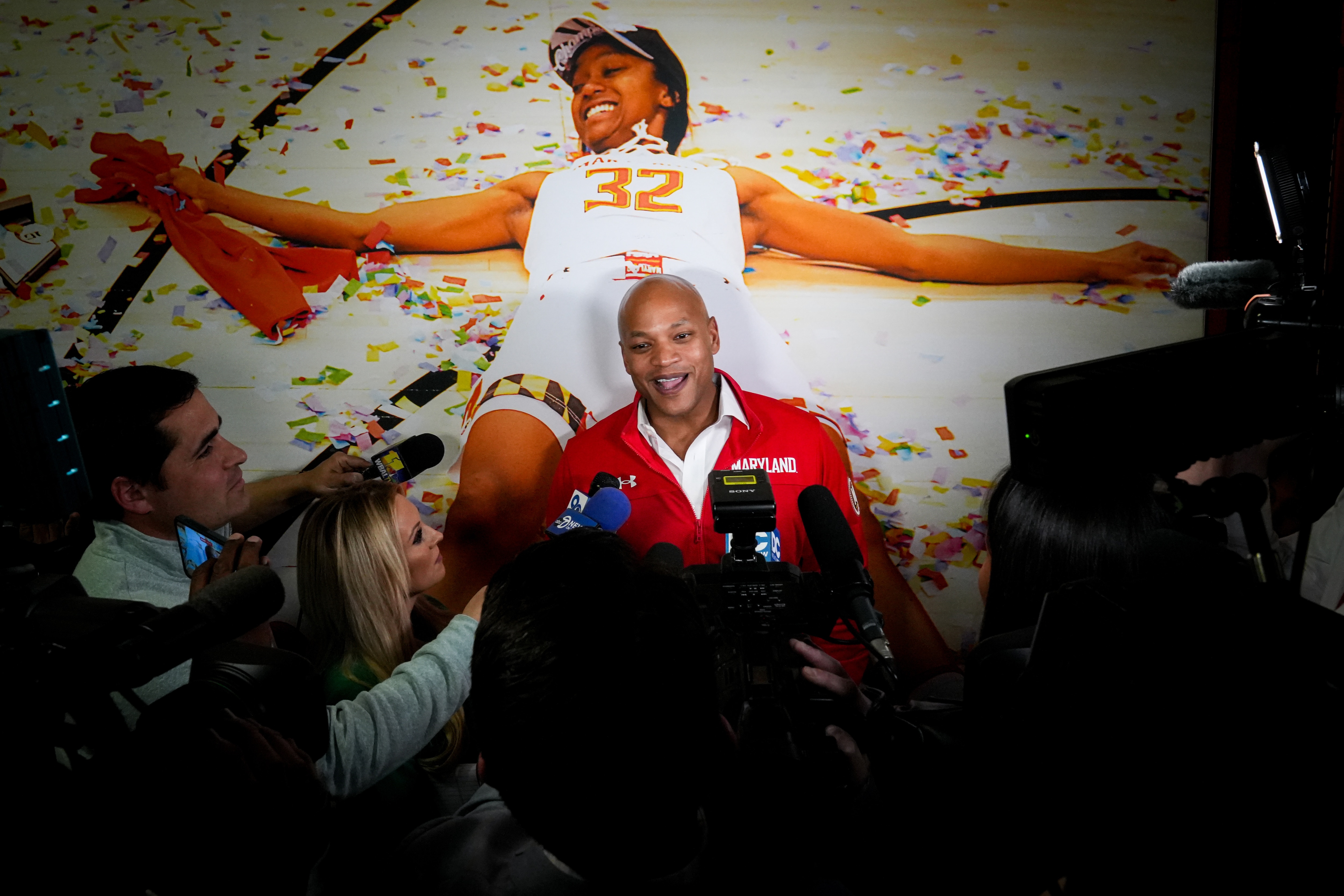 Gov. Wes Moore speaks with reporters after the game at the XFINITY Center in College Park during the first round of the NCAA Women’s Basketball Tournament. The Terrapin Women's Basketball team beat The Holy Cross Crusaders on Friday, 93-61.