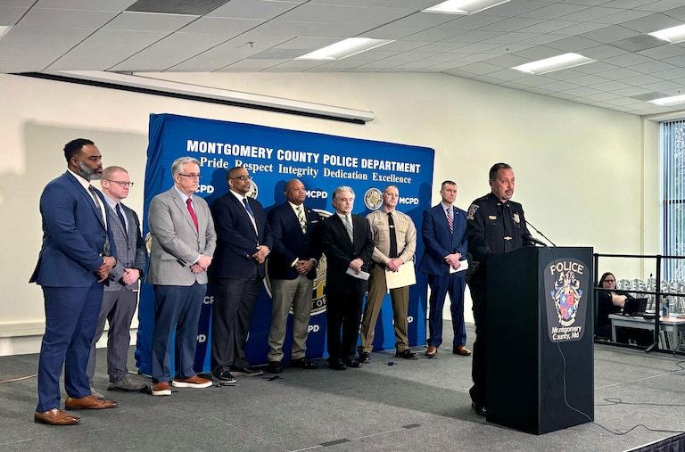FEBRUARY 25, 2026 - Montgomery County Police Chief Marc Yamada addresses the media at a press conference at police headquarters in Gaithersburg announcing the arrest of a suspect in the murder of Robert Fuller.