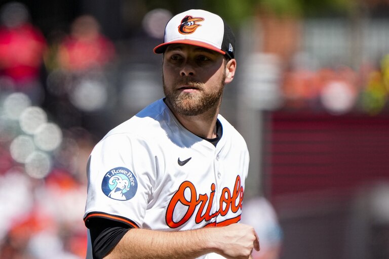 Baltimore Orioles pitcher Corbin Burnes (39) reacts after throwing a pitch during a game against the Tampa Bay Rays at Camden Yards in Baltimore on September 8, 2024.