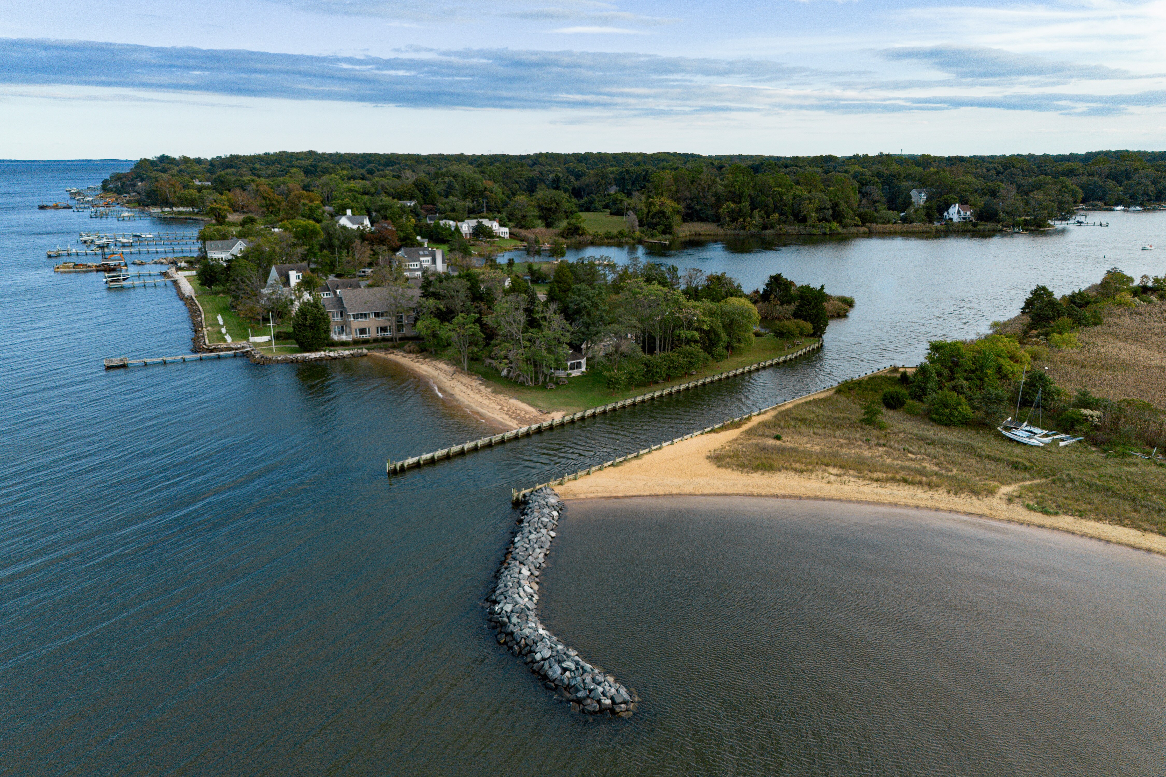 A rock wall that protects the shoreline from erosion at Cape St. Claire near Annapolis. The suburb has capitalized on more than $1 million of government grants, including $275,000 from the General Assembly, to restore two eroded beaches.