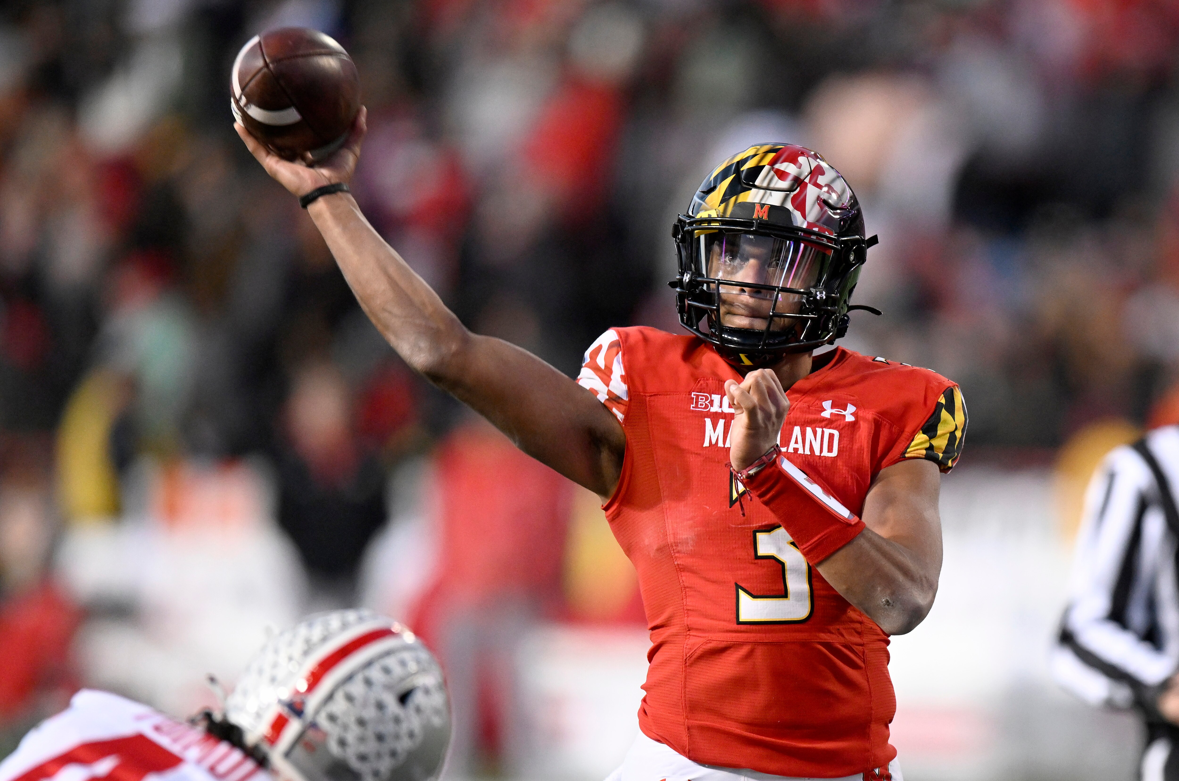 COLLEGE PARK, MARYLAND - NOVEMBER 19: Taulia Tagovailoa of the Maryland Terrapins throws a pass in the second quarter against the Ohio State Buckeyes at SECU Stadium on November 19, 2022 in College Park, Maryland. (Photo by Greg Fiume/Getty Images)