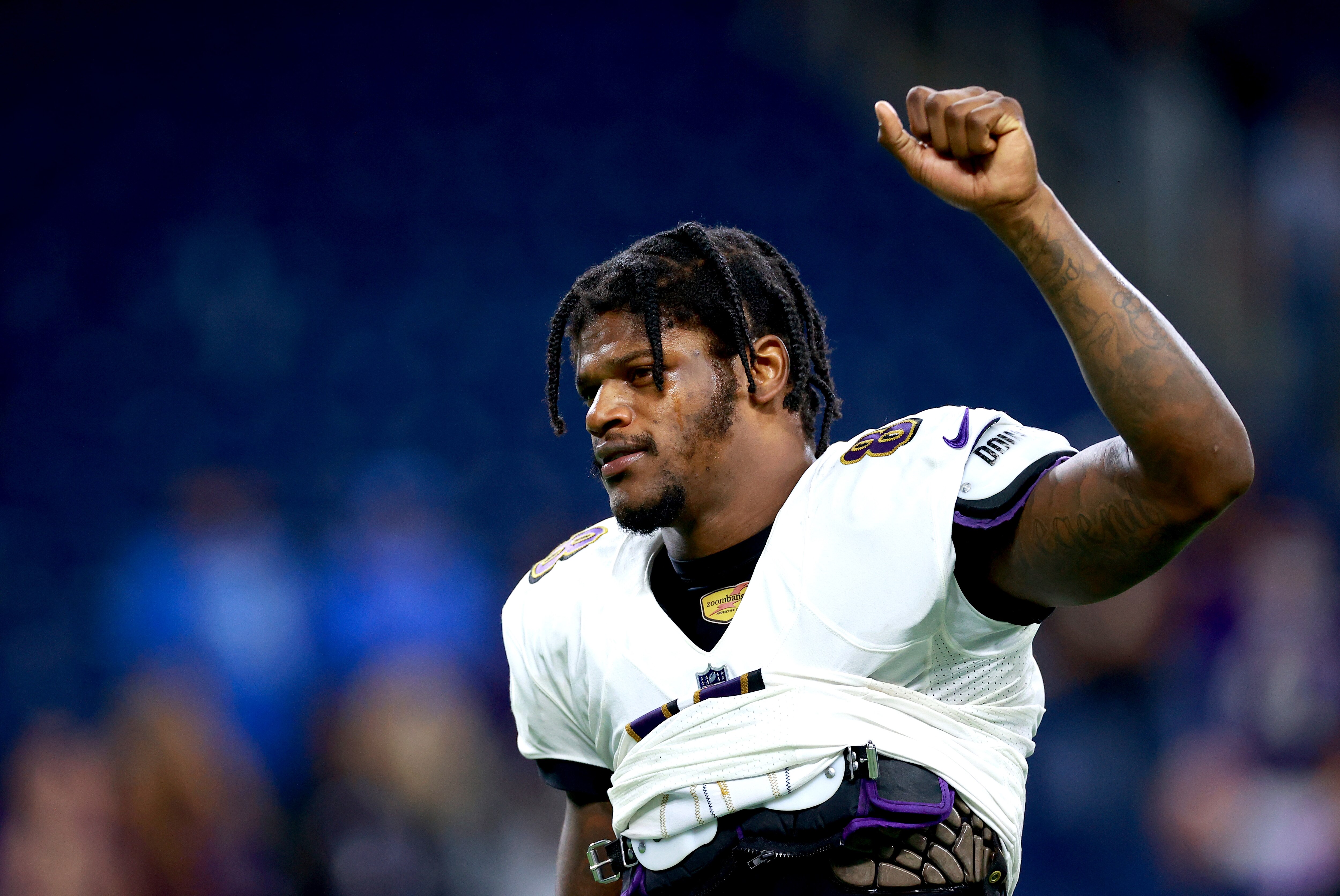 DETROIT, MICHIGAN - SEPTEMBER 26: Lamar Jackson #8 of the Baltimore Ravens celebrates a win over the Detroit Lions at Ford Field on September 26, 2021 in Detroit, Michigan.