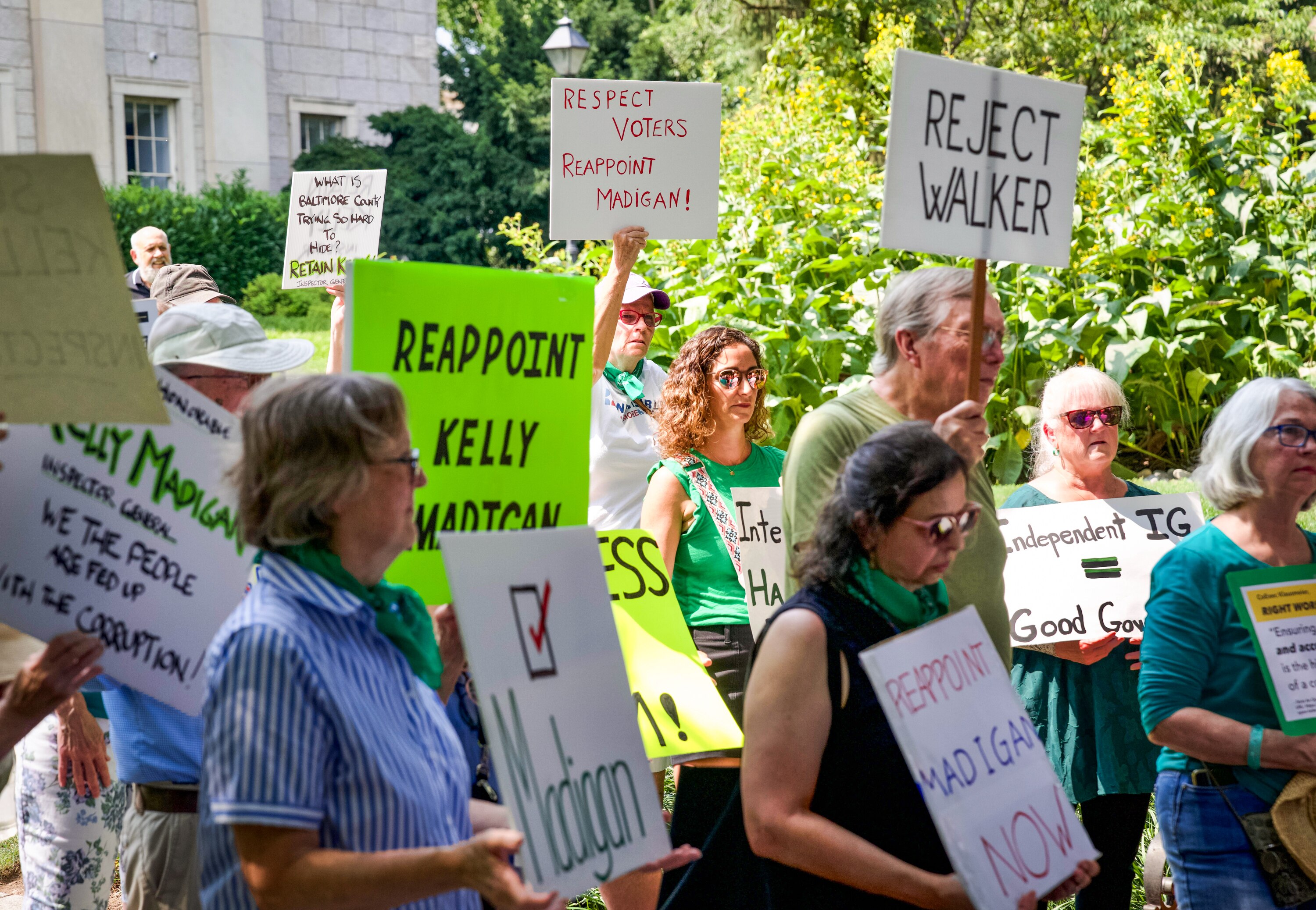 Protestors outside of the Old Baltimore County Courthouse in Towson ahead of a Baltimore County Council work session to protest Baltimore County Inspector General nominee Khadija Walker and to retain current Inspector General Kelly Madigan on July 29, 2025. Walker was County Executive Kathy Klausmeier’s choice for the nomination.