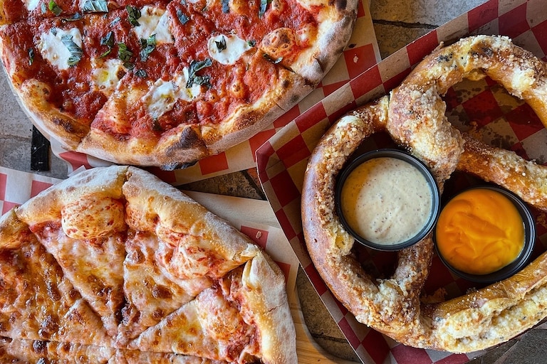 Adams County Winery's seasonal Terrace Bistro in Orrtanna, Pennsylvania, serves wood-fired pizzas and a Bavarian pretzel.