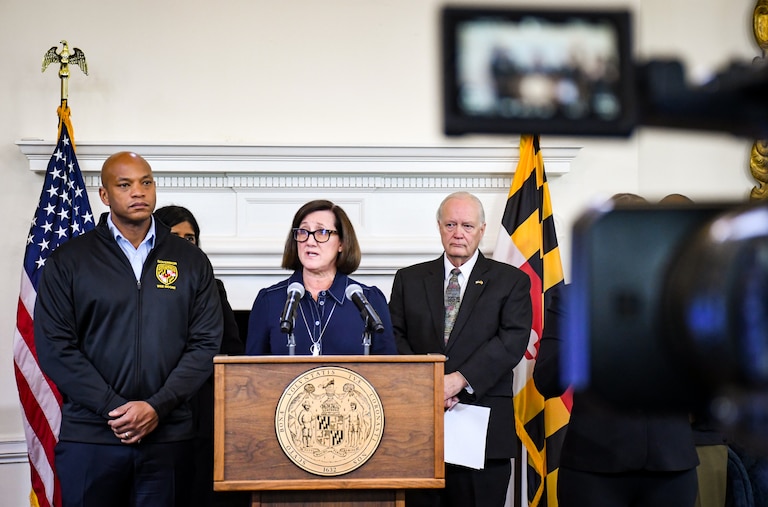 Maryland Gov. Wes Moore and state officials discuss preparations for an upcoming snow storm at the State house on Friday, Jan. 23, 2026.