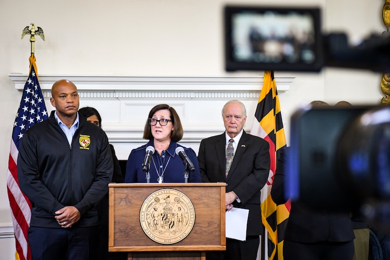 Maryland Gov. Wes Moore and state officials discuss preparations for an upcoming snow storm at the State house on Friday, Jan. 23, 2026.