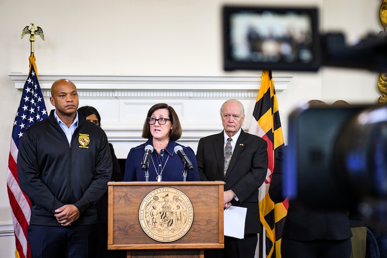 Maryland Gov. Wes Moore and state officials discuss preparations for an upcoming snow storm at the State house on Friday, Jan. 23, 2026.