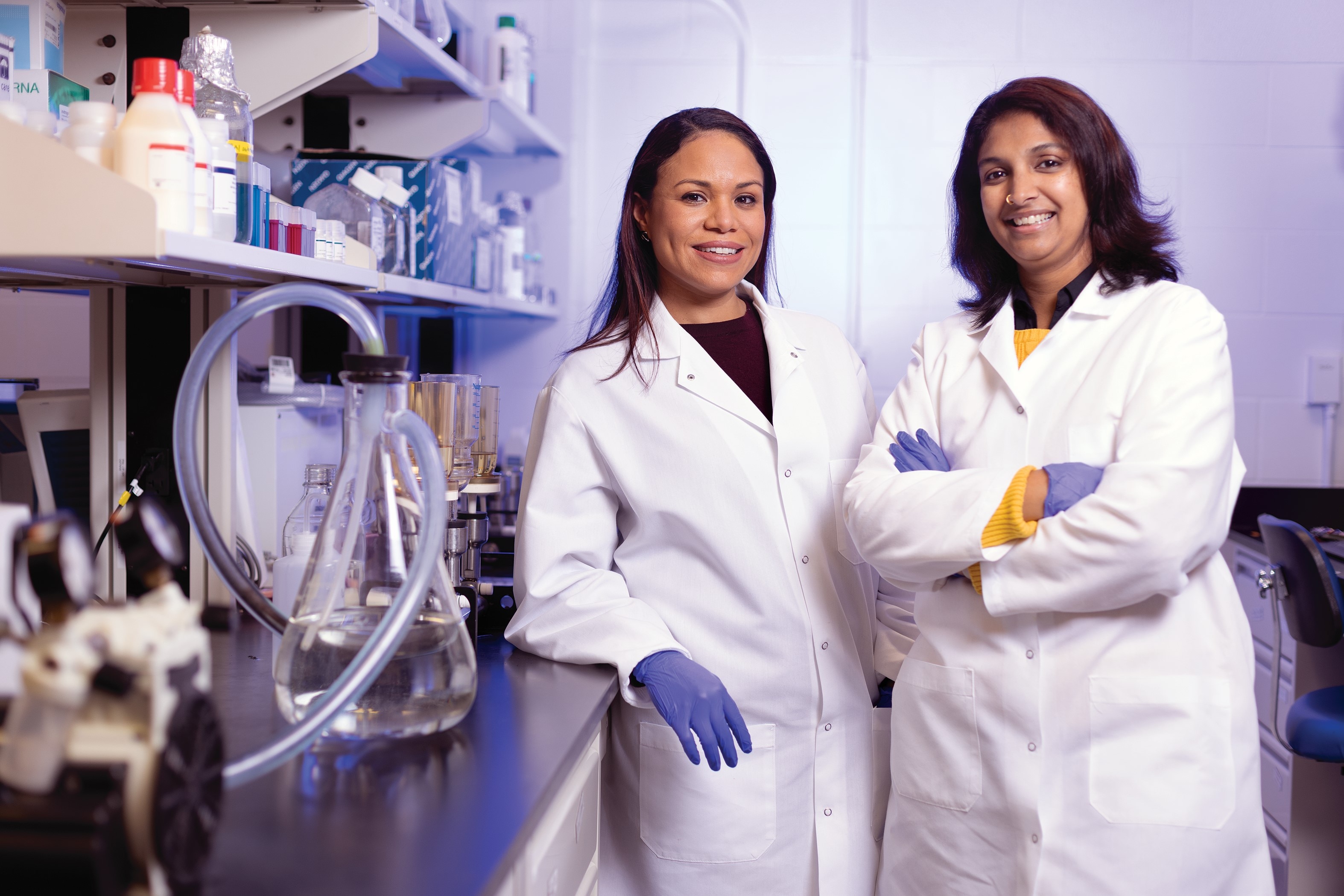 UMD researchers are conducting the first test of both public and private water sources to tap into Maryland's drinking water quality. The Maryland Safe Drinking WATER team includes Assistant Research Professors Rianna Murray and Leena Malayil (both shown above), Professors Amy Sapkota and Allen Davis, Associate Professor Paul Turner, Postdoctoral Fellow Suhana Chattopadhyay and Program Manager Georgia Parolski.