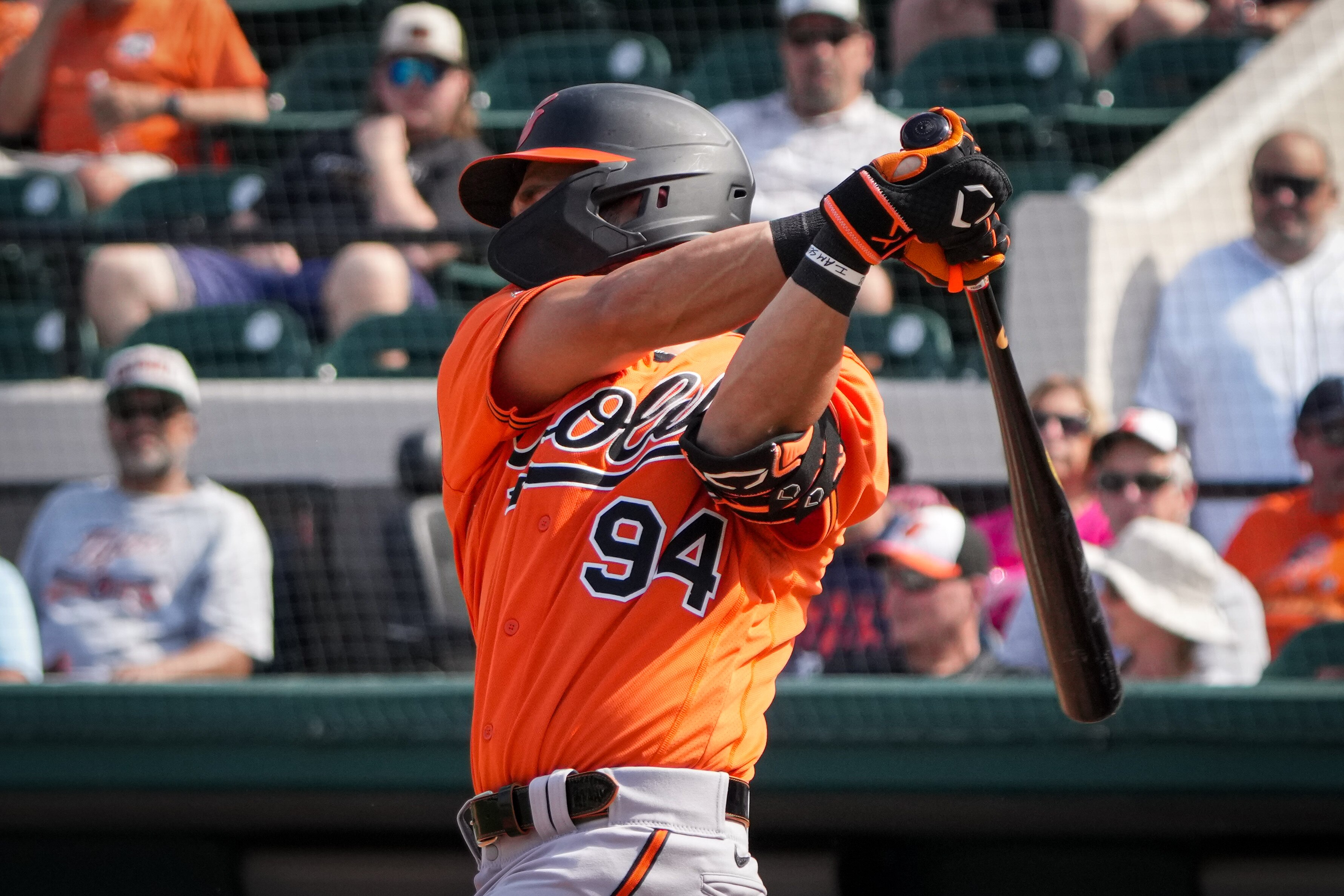 Connor Norby (94) swings for a pitch in the sixth inning of a game against the Tigers on 3/2/23. The Baltimore Orioles lost to the Detroit Tigers, 10-3, in the Florida Grapefruit League matchup.