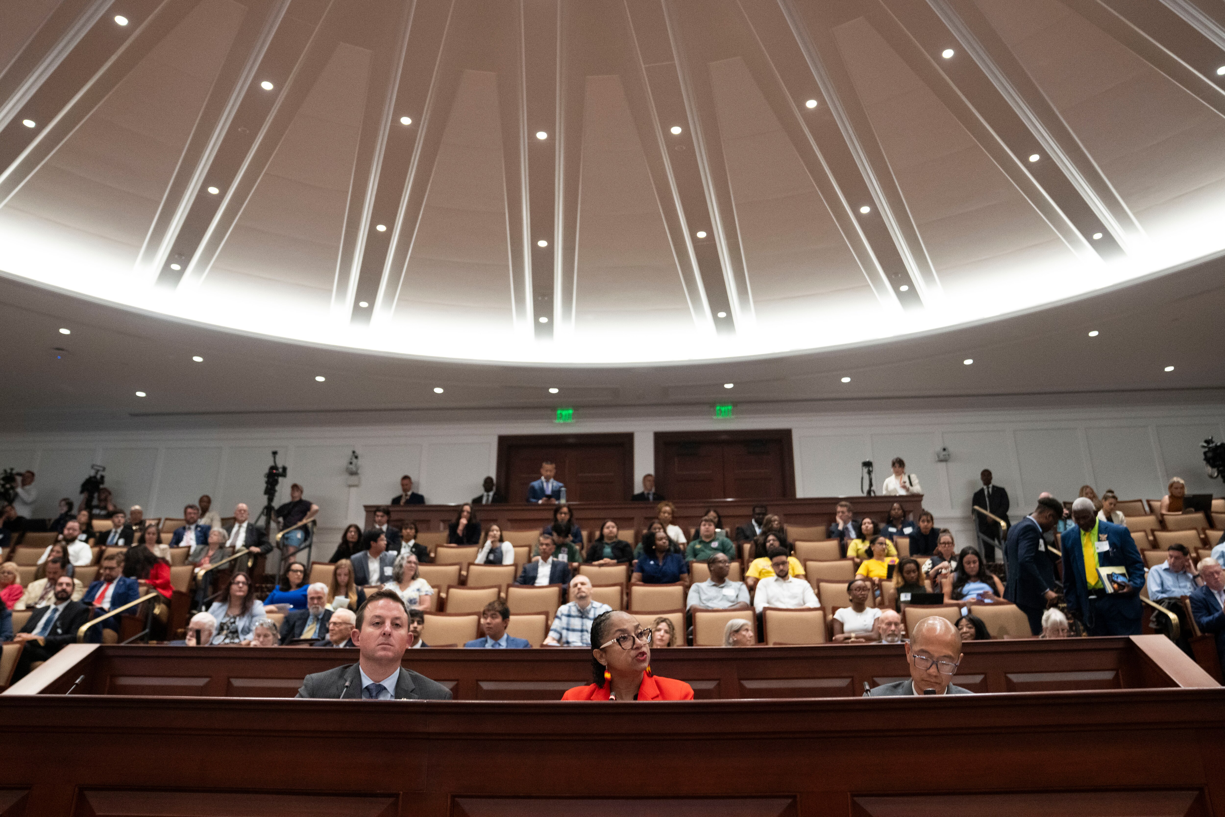 Senate President Bill Ferguson, House of Delegates Speaker Joseline Peña-Melnyk and Del. David Moon take their seats before a hearing on a measure to change Maryland’s constitution to make congressional redistricting easier. 