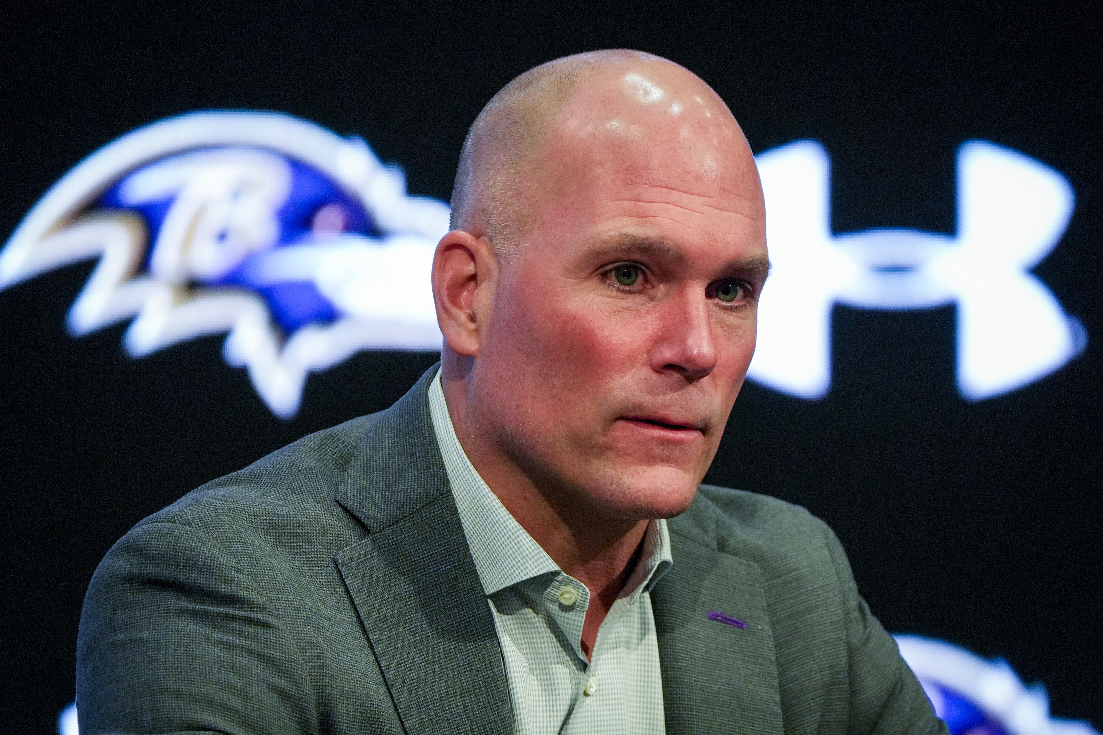 Baltimore Ravens General Manager Eric DeCosta takes questions from reporters during the team’s end-of-year news conference at the Under Armour Performance Center in Owings Mills on Feb. 2, 2024.