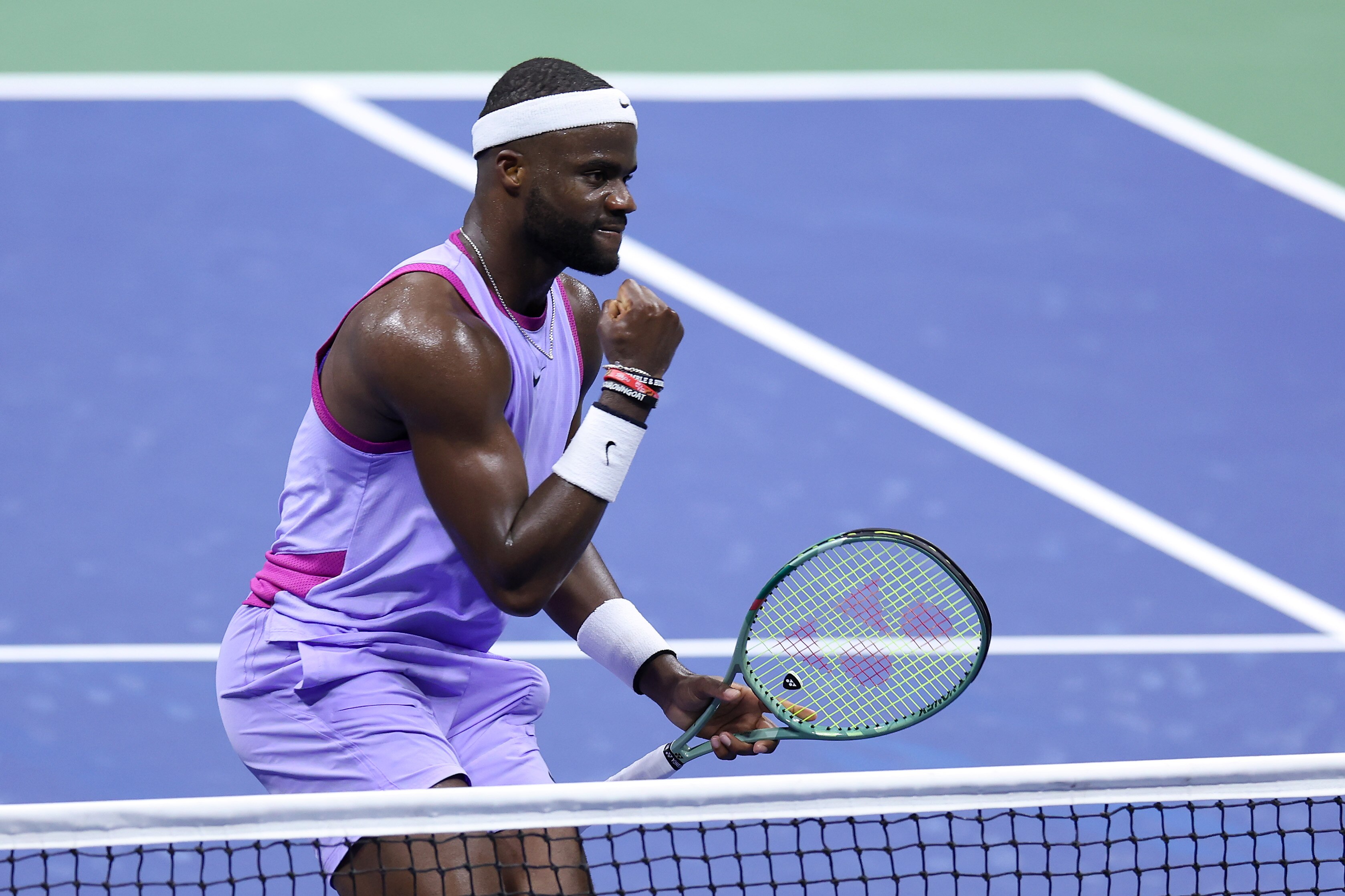 Frances Tiafoe celebrates a point won during his five-set loss to Taylor Fritz on Friday at the U.S. Open.