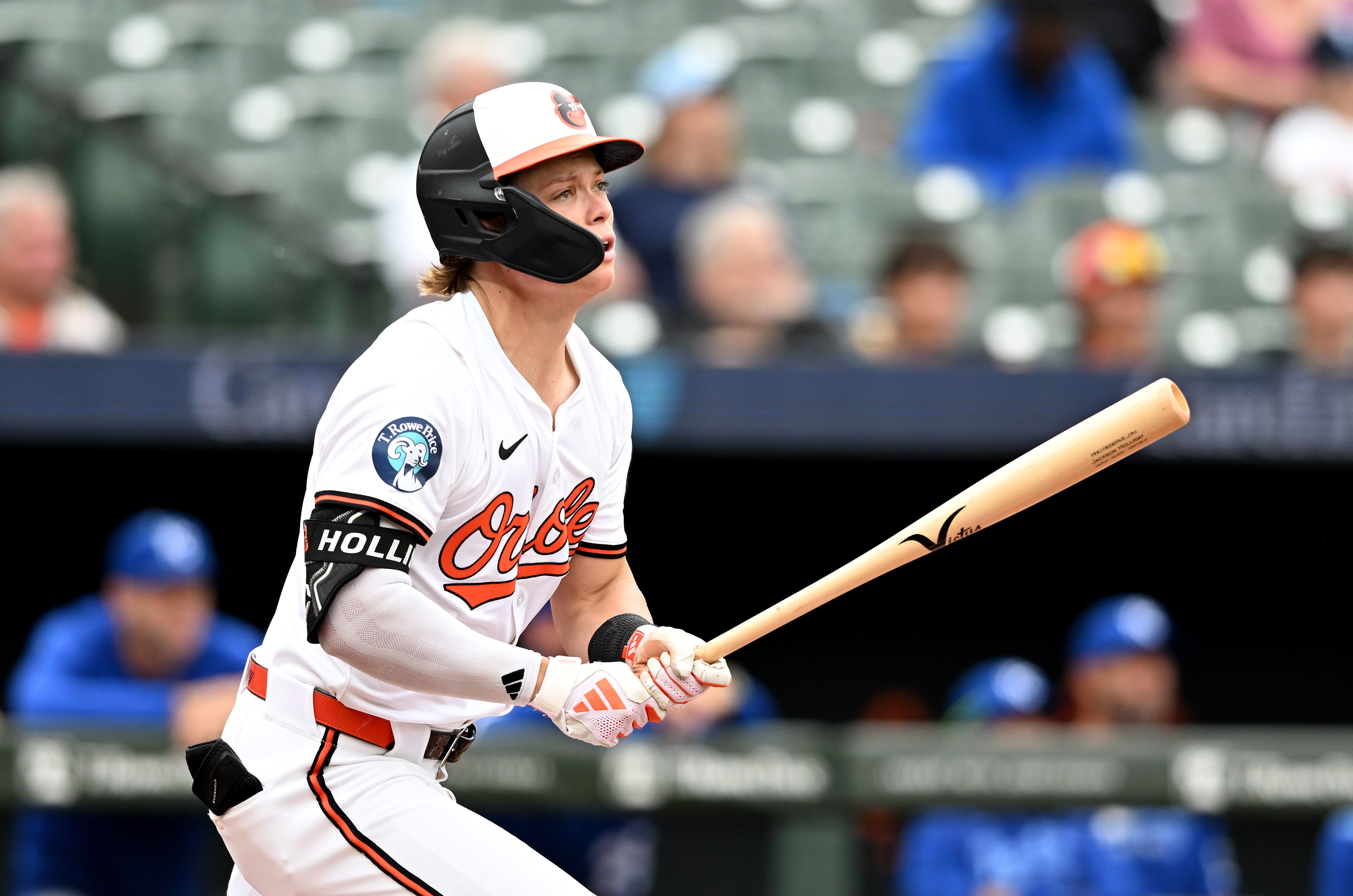Jackson Holliday hits a home run in the second inning Sunday at Camden Yards. Holliday homered twice in the Orioles’ loss to the Kansas City Royals.