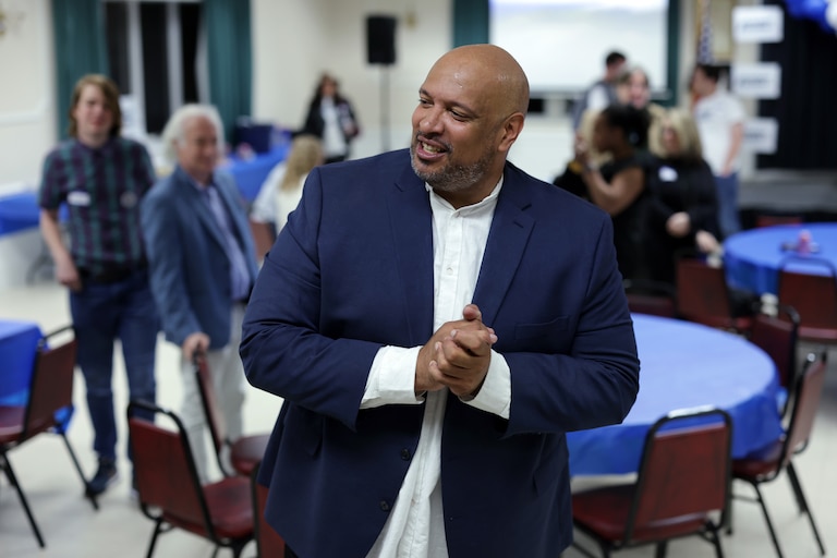 ELLICOTT CITY, MARYLAND - MAY 14: Democratic U.S. House candidate Harry Dunn speaks to supporters during a primary night party on May 14, 2024 in Ellicott City, Maryland. Dunn, a Maryland native who was a U.S. Capitol Police officer protecting the Capitol building from insurrectionists on January 6, 2021, has lost in the Democratic primary to state Sen. Sarah Elfreth for the seat being vacated by Rep. John Sarbanes (R-MD) in the state's 3rd District.