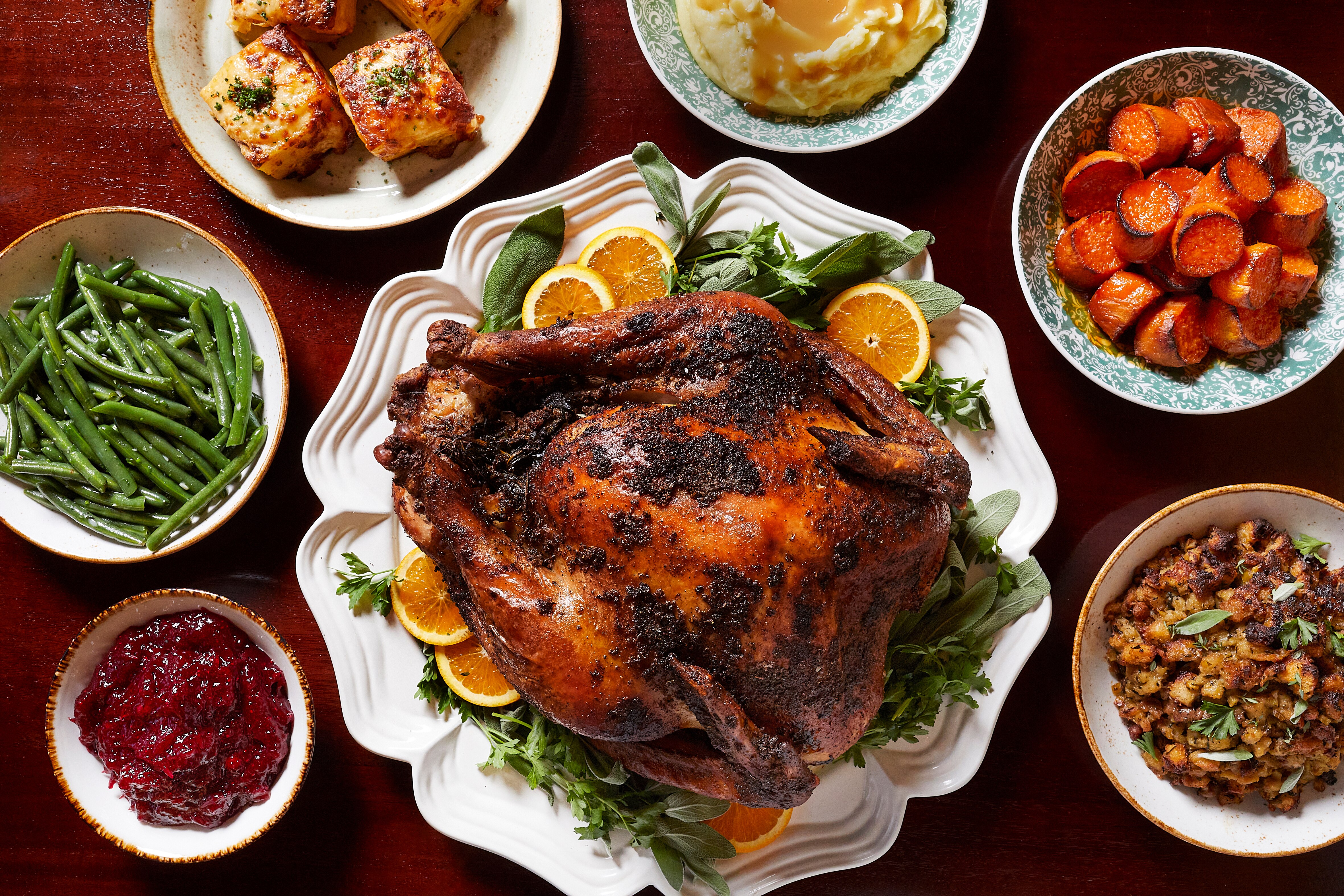 Thanksgiving dishes set on a table