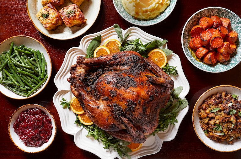 Thanksgiving dishes set on a table