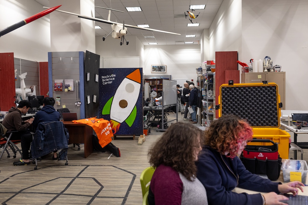 High school students work on engineering projects at the Rockville Science Center in Rockville, Md. The Rockville Science Center announced it will have to move from its current location and is asking the community to help raise funds for a permanent home. The center connects K-12 students to on-site STEM programs including robotics and drone engineering, for which students have taken top honors in national competitions.