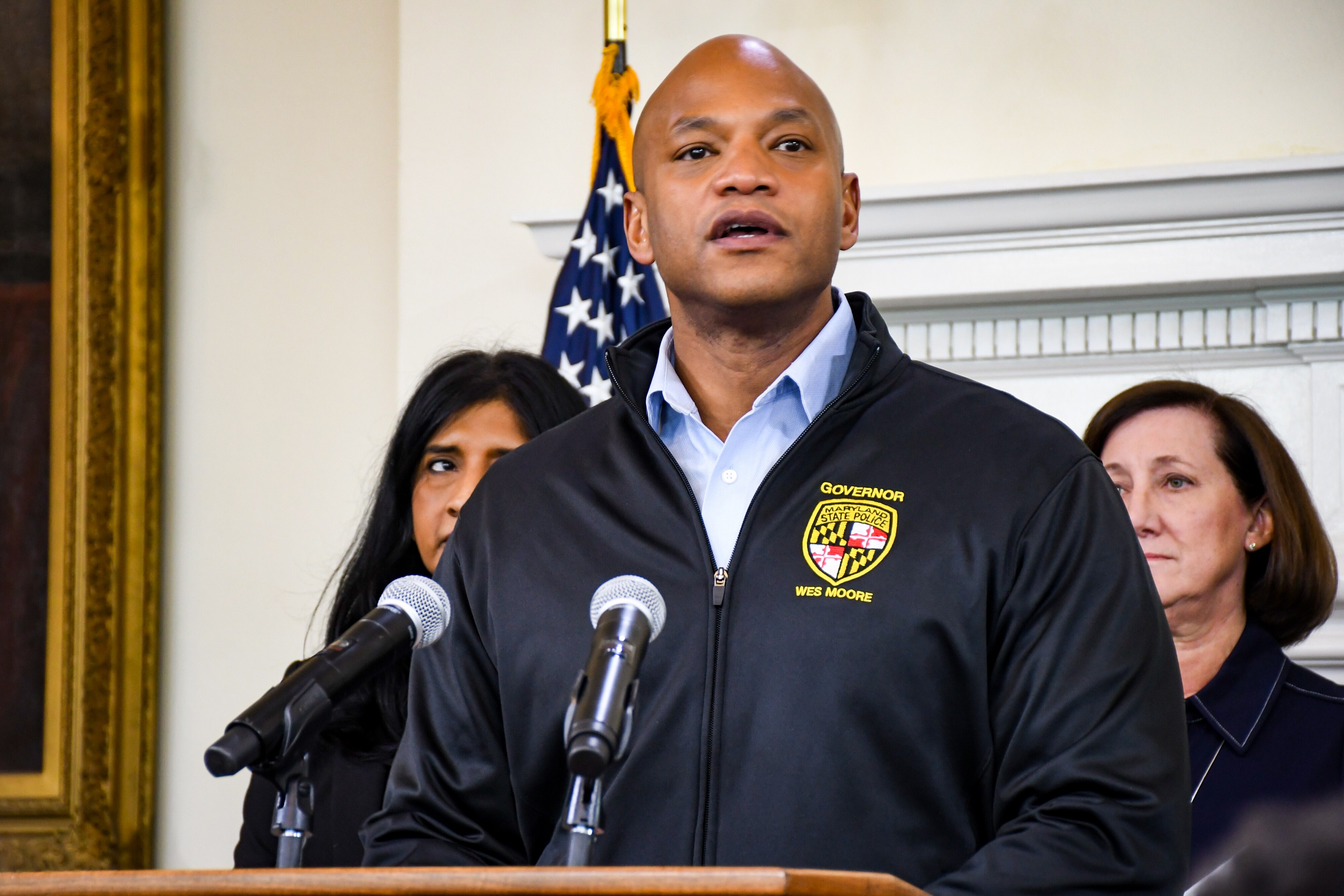 Maryland Gov. Wes Moore and state officials discuss preparations for an upcoming snow storm at the State house on Friday, Jan. 23, 2026.