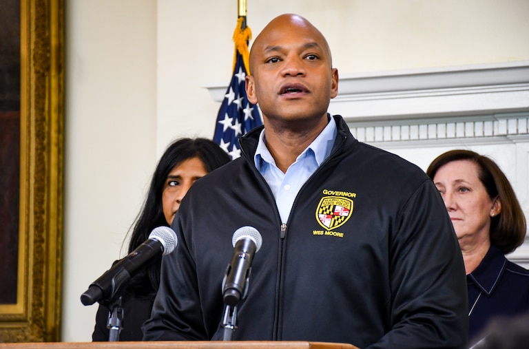 Maryland Gov. Wes Moore and state officials discuss preparations for an upcoming snow storm at the State house on Friday, Jan. 23, 2026.