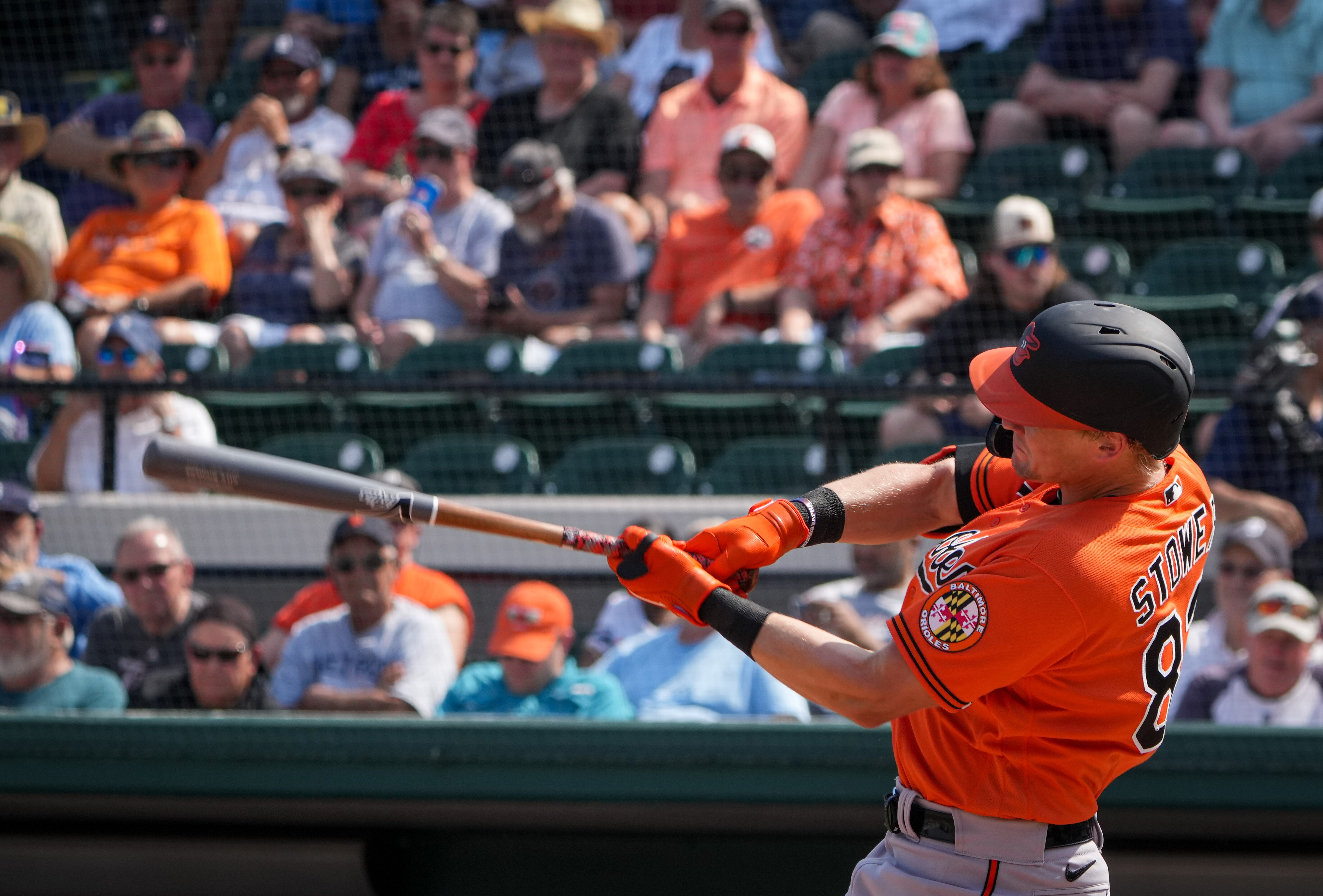 Kyle Stowers (83) swings at a pitch in Publix Field at Joker Marchant Stadium in the fourth inning of a game against the Tigers on 3/2/23. The Baltimore Orioles lost to the Detroit Tigers, 10-3, in the Florida Grapefruit League matchup.