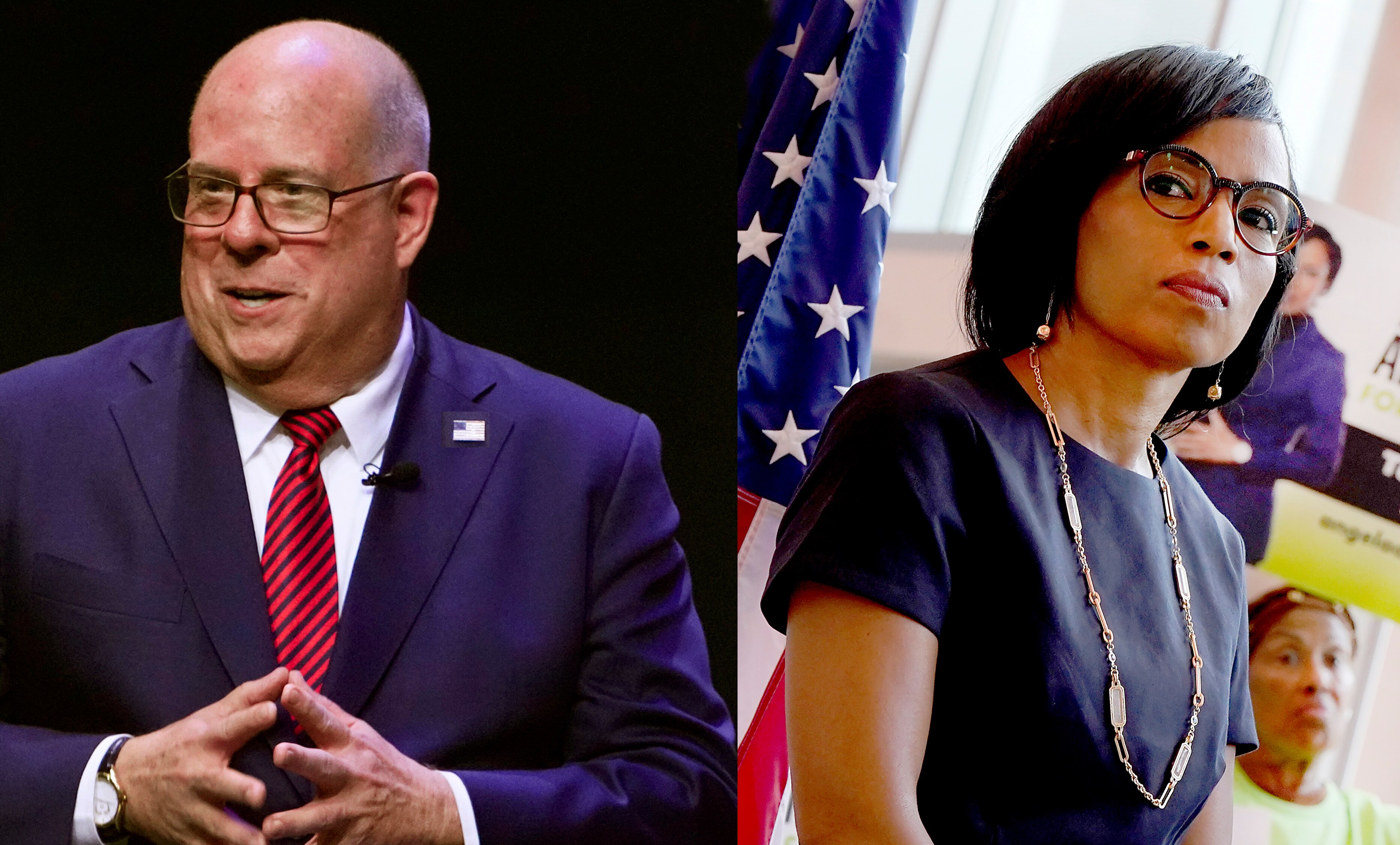 Former Gov. Larry Hogan, left, and Prince George’s County Executive Angela Alsobrooks, right, are in a dead heat in the race for the U.S. Senate, according to a new poll commissioned by the AARP.