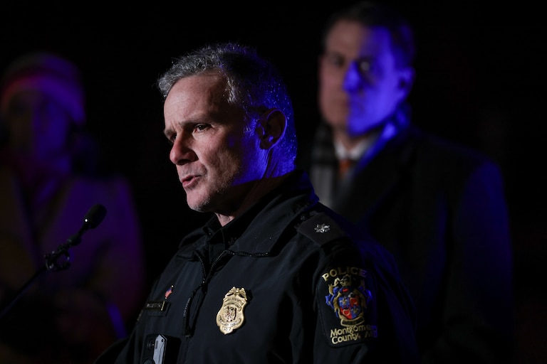 Montgomery County Assistant Police Chief David McBain speaks about a shooting at Thomas S. Wootton High School at a press conference in Rockville on Monday evening.