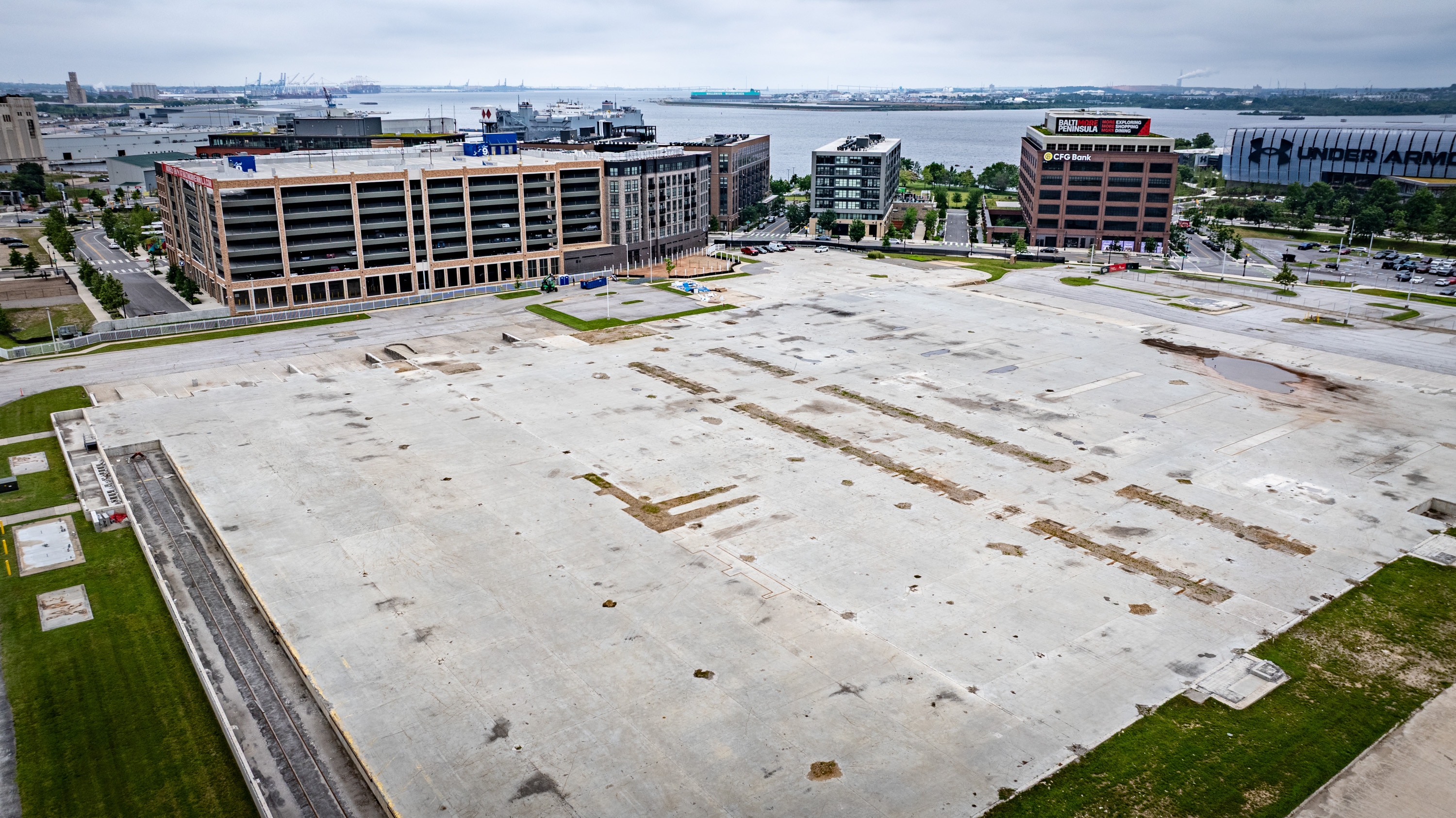 The former footprint of Sun Park, the Baltimore Sun printing plant, has yet to be developed at Baltimore Peninsula. 