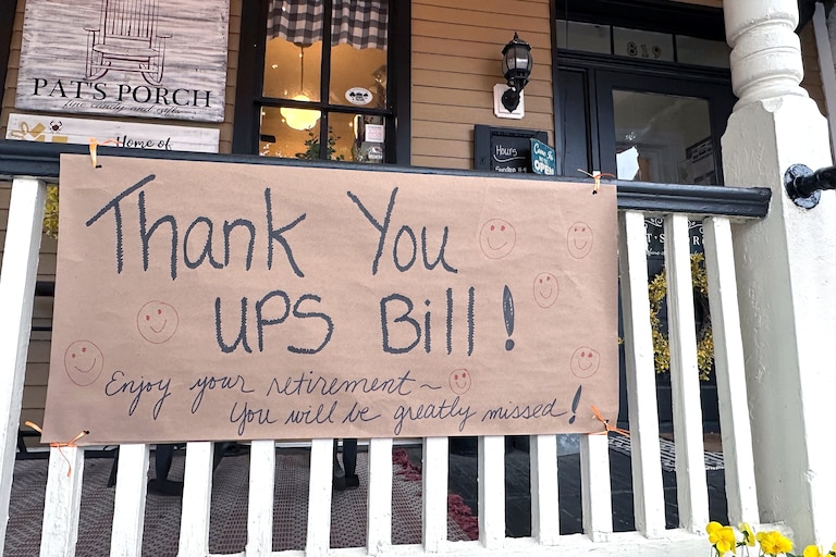 Pat's Porch, a Frederick Road gift shop, honored Bill Trentler’s retirement from UPS with large signs outside the store.