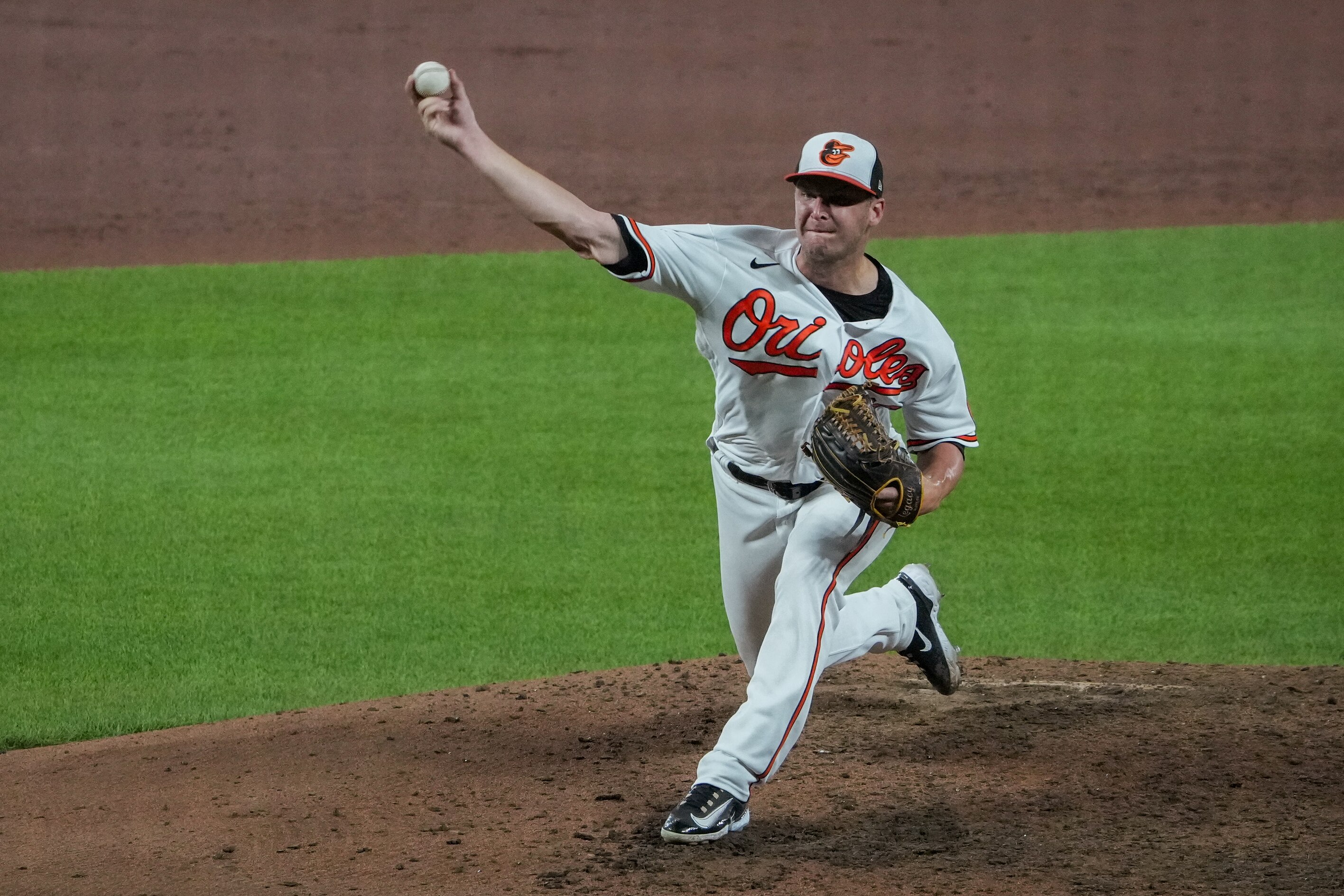 Baltimore Orioles relief pitcher Jacob Webb (66) pitches during his debut as an Oriole during a baseball game against the Houston Astros at Orioles Park at Camden Yards in Baltimore on Aug. 9, 2023.