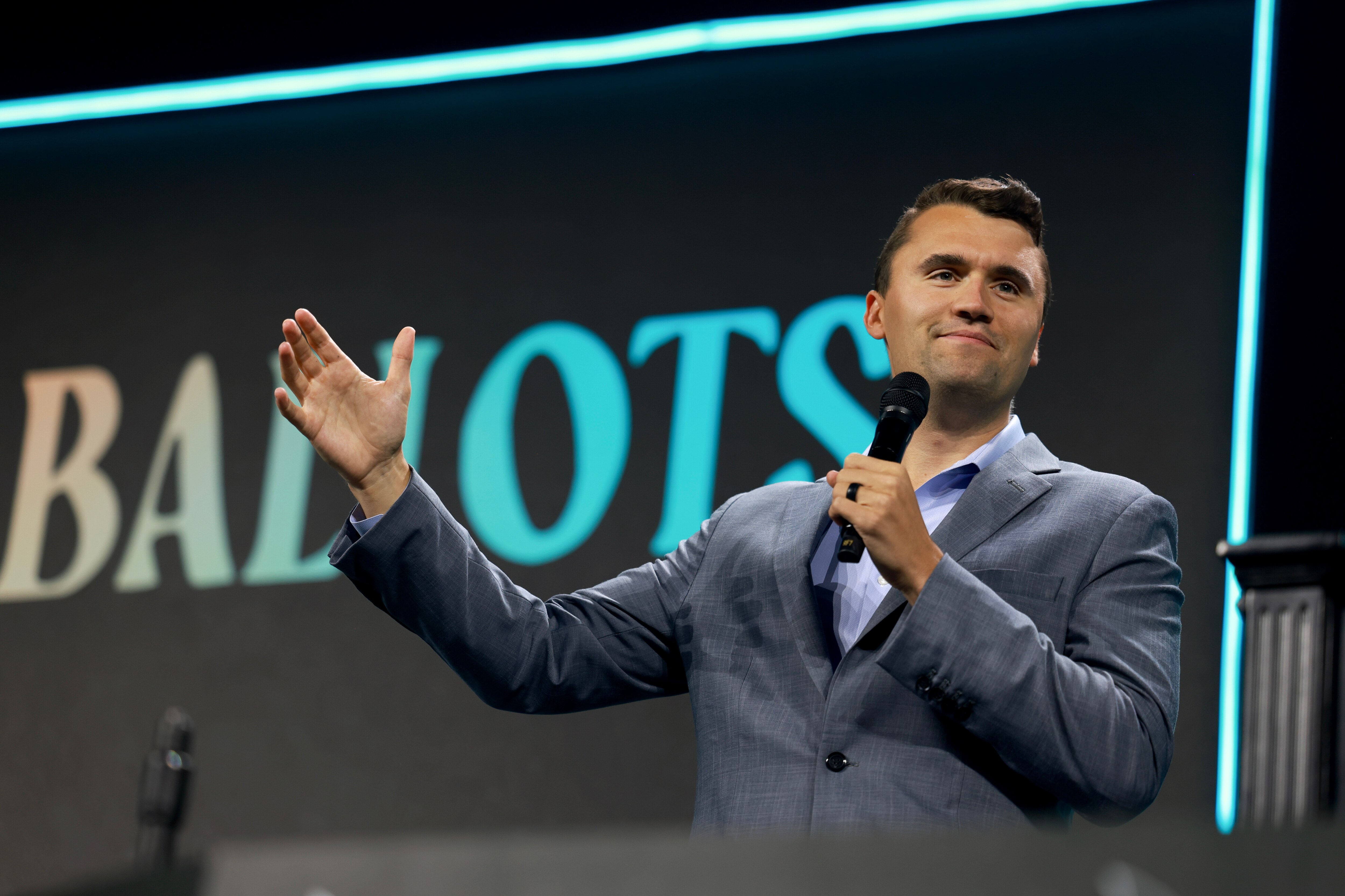 WEST PALM BEACH, FLORIDA—JULY 26: Charlie Kirk, who founded Turning Point USA, speaks before former President Donald Trump's arrival during a Turning Point USA Believers Summit conference at the Palm Beach Convention Center on July 26, 2024 in West Palm Beach, Florida. Trump had earlier in the day met with Israeli Prime Minister Benjamin Netanyahu at Mar-a-Lago.