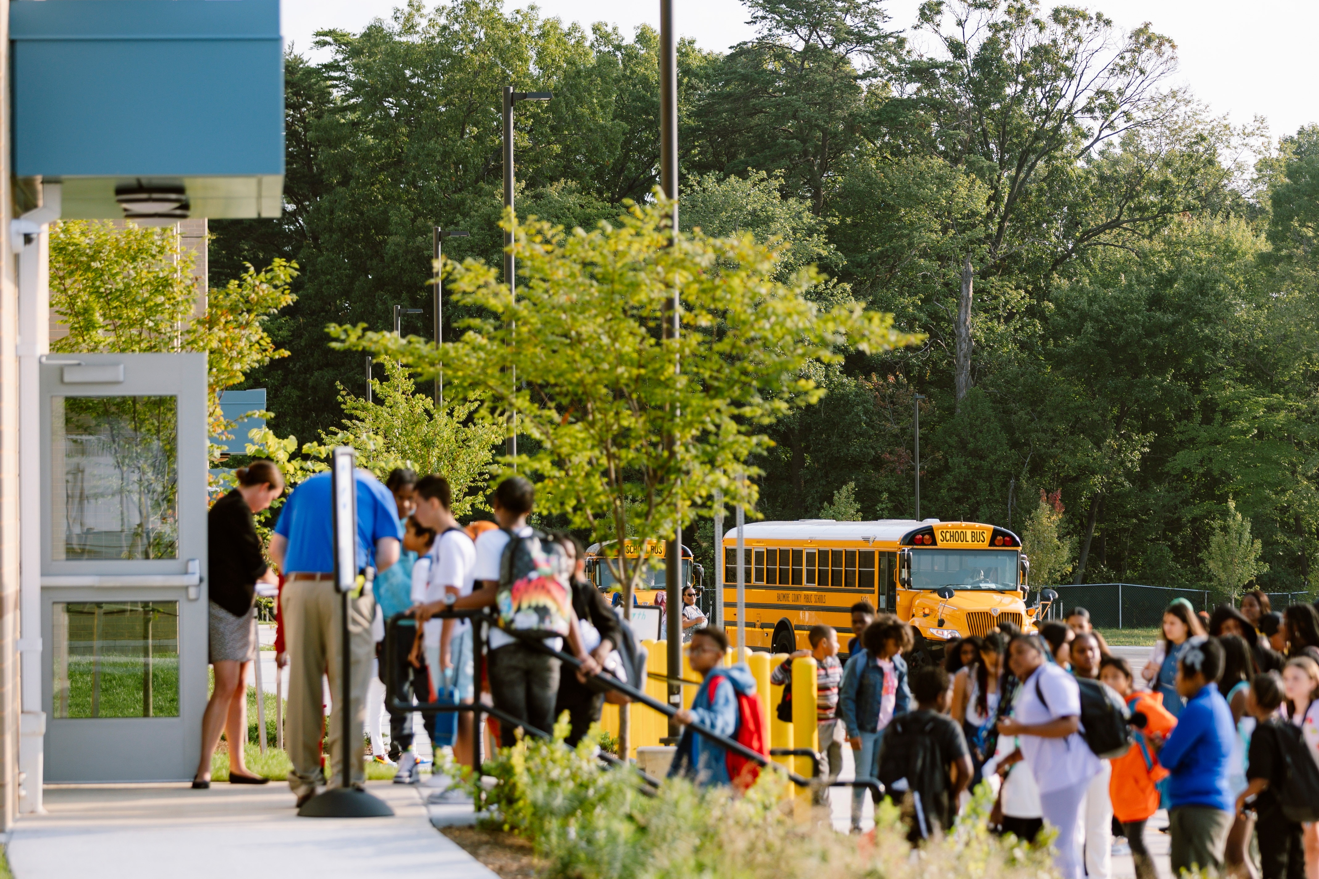 Students arrive to Nottingham Middle School for the first day of school on Monday, Aug. 26, 2024 in Rosedale, MD.