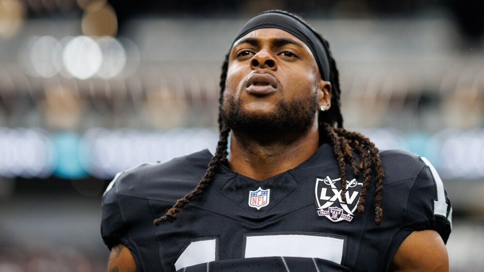 LAS VEGAS, NEVADA - SEPTEMBER 22: Wide receiver Davante Adams #17 of the Las Vegas Raiders stretches prior to an NFL football game against the Carolina Panthers, at Allegiant Stadium on September 22, 2024 in Las Vegas, Nevada. (Photo by Brooke Sutton/Getty Images)