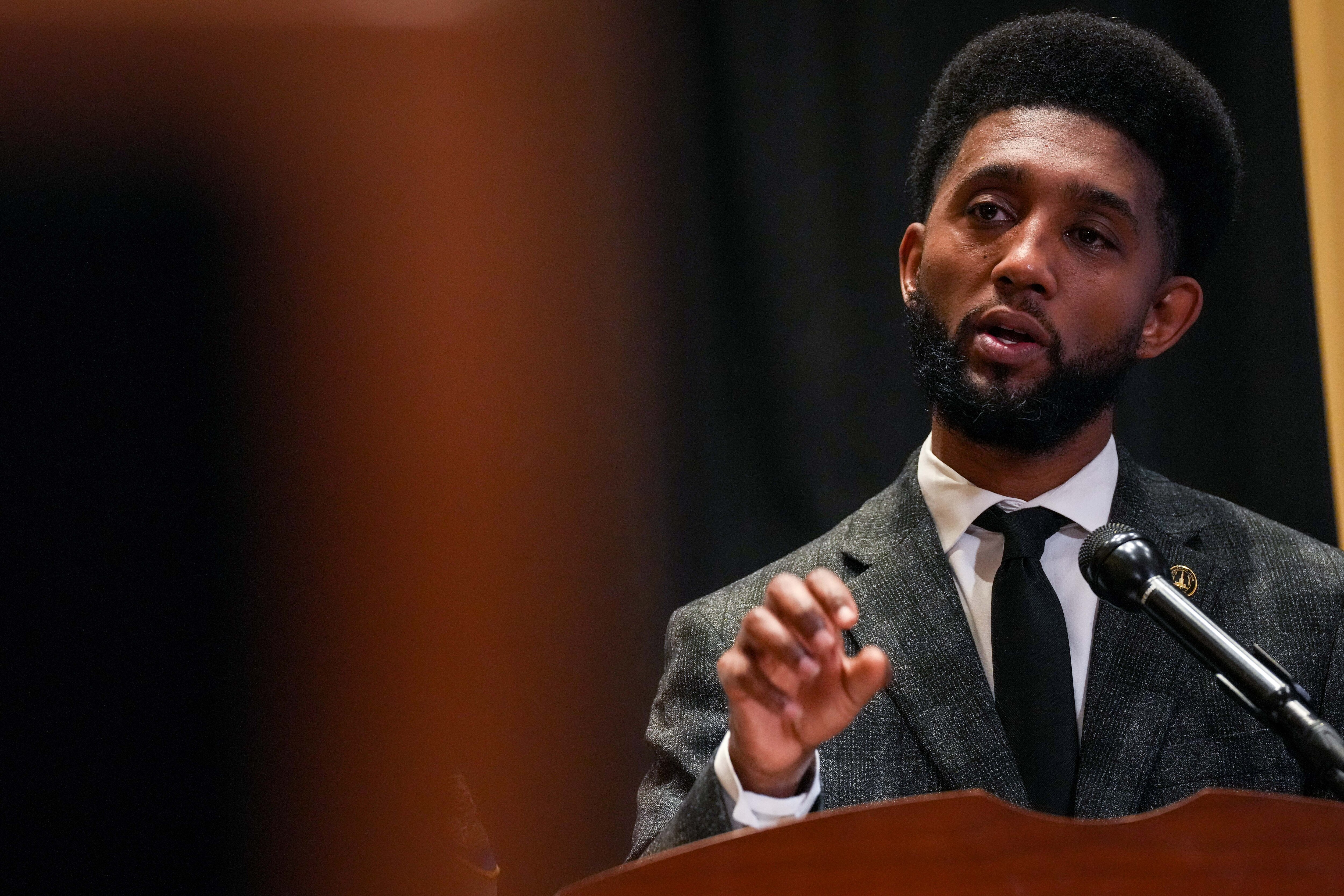 Mayor Brandon Scott speaks during a year-end press conference in City Hall on Wednesday, December 21.