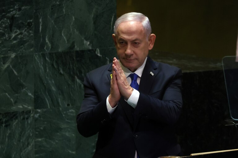 NEW YORK, NEW YORK - SEPTEMBER 27: Israeli Prime Minister Benjamin Netanyahu concludes his speech to world leaders during the United Nations General Assembly (UNGA) at the United Nations headquarters on September 27, 2024 in New York City. World leaders convened for the General Assembly as the world continues to experience major wars in Gaza, Ukraine and, Sudan along with a threat of a larger conflict in the Middle East. (Photo by Spencer Platt/Getty Images)