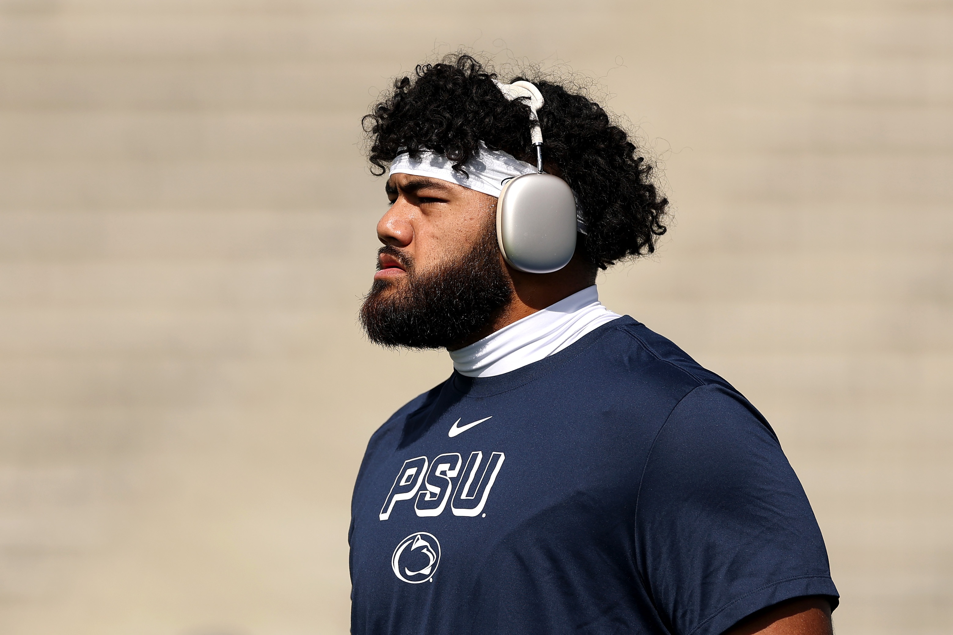 Olaivavega Ioane #71 of the Penn State Nittany Lions looks on before the game against the UCLA Bruins at Rose Bowl Stadium on October 04, 2025 in Pasadena, California.